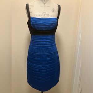 BCBG stretch Satin Cocktail dress . Contemporary Fashion pleated pattern.